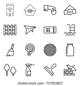 Thin line icon set : phone wireless, home, hand coin, sale, pallet, deltaplane, ticket, pool, broom, elecric oven, sieve, bank, trees, sprayer, scraper, construct garbage