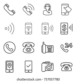 Thin line icon set : phone, call, center, touch, wireless, pay, mobile, 24, location, checking, camera