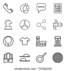 Thin line icon set : phone, circle diagram, message, abacus, chess horse, molecule, satellite, necklace, t shirt, mansion, building, dresser, slippers, pan, sieve