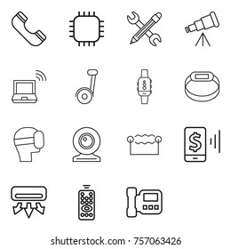 Thin line icon set : phone, chip, pencil wrench, telescope, notebook wireless, segway, smart watch, bracelet, virtual mask, web cam, electrostatic, mobile pay, air conditioning, remote control