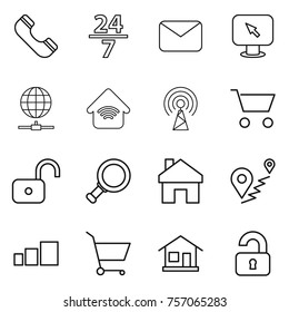 Thin line icon set : phone, 24 7, mail, monitor arrow, globe connect, wireless home, antenna, cart, unlock, magnifier, route, sorting, unlocked