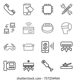 Thin line icon set : phone, touch, chip, pencil wrench, notebook connect, tap to pay, smart bracelet, virtual mask, glasses, electrostatic, mobile, air conditioning, intercome, blender, soil cutter