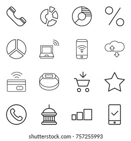 Thin line icon set : phone, circle diagram, percent, notebook wireless, cloude service, tap to pay, smart bracelet, add cart, star, goverment house, sorting, mobile checking