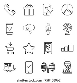 Thin line icon set : phone, gift, touch, diagram, wireless, cloude service, smart watch, antenna, add to cart, star, mobile location, sorting, trailer, checking, grater