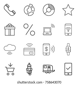 Thin line icon set : phone, circle diagram, star, gift, percent, notebook wireless, cloud, tap to pay, smart watch, add cart, spark plug, trailer, mobile checking