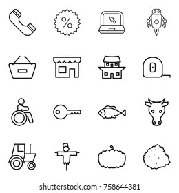 Thin line icon set : phone, percent, notebook, jet robot, remove from basket, shop, japanese house, measuring tape, invalid, key, fish, cow, tractor, scarecrow, pumpkin, pile of garbage