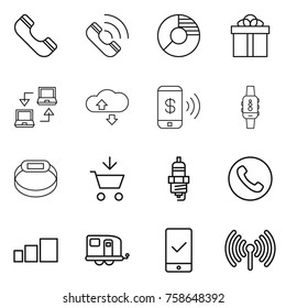 Thin line icon set : phone, call, circle diagram, gift, notebook connect, cloude service, pay, smart watch, bracelet, add to cart, spark plug, sorting, trailer, mobile checking, wireless