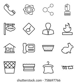 Thin line icon set : phone, atom, molecule, crystal memory, store signboard, under construction, client, flammable, home, intercom, colander, rabbit, trash bin, sponge, hanger, drying clothe