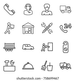 Thin line icon set : phone, call center, woman, truck, courier, warehouse, pencil wrench, 24, shipping, car, delivery, do not distrub, repair tools, meal cap, bucket and broom, home cleaning