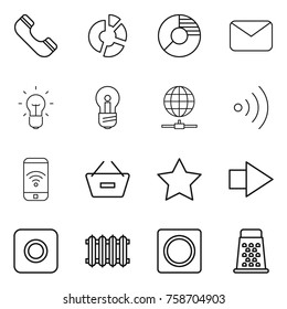 Thin line icon set : phone, circle diagram, mail, bulb, globe connect, wireless, remove from basket, star, right arrow, ring button, radiator, grater