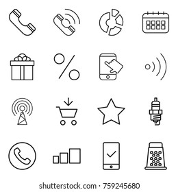 Thin line icon set : phone, call, circle diagram, calendar, gift, percent, touch, wireless, antenna, add to cart, star, spark plug, sorting, mobile checking, grater