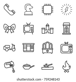 Thin line icon set : phone, chess horse, chip, lightning, bow, tv, castle, building, scooter shipping, wardrobe, dresser, mixer, pan, soil cutter, fire