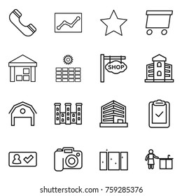 Thin line icon set : phone, statistics, star, delivery, warehouse, sun power, shop signboard, building, barn, palace, office, clipboard check, in, camera, clean window, kitchen cleaning