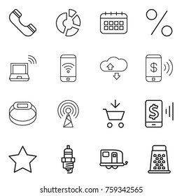 Thin line icon set : phone, circle diagram, calendar, percent, notebook wireless, cloude service, pay, smart bracelet, antenna, add to cart, mobile, star, spark plug, trailer, grater