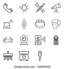 Thin line icon set : phone, chip, pencil wrench, telescope, notebook wireless, smart watch, bracelet, virtual mask, glasses, web cam, mobile pay, remote control, air conditioning, kitchen scales