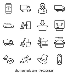 Thin line icon set : phone wireless, delivery, support manager, shipping, car, courier, package, atm, sweeper, bucket and broom, skyscrapers cleaning, washing powder, wiping, vacuum cleaner, floor