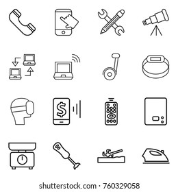 Thin line icon set : phone, touch, pencil wrench, telescope, notebook connect, wireless, smart bracelet, virtual mask, mobile pay, remote control, kitchen scales, blender, soil cutter, iron
