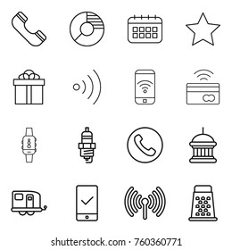 Thin line icon set : phone, circle diagram, calendar, star, gift, wireless, tap to pay, smart watch, spark plug, goverment house, trailer, mobile checking, grater