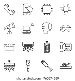 Thin line icon set : phone, touch, chip, telescope, notebook wireless, virtual mask, smart glasses, electrostatic, air conditioning, remote control, intercome, handle scales, blender, soil cutter