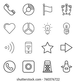 Thin line icon set : phone, circle diagram, flag, alarm clock, heart, bulb, wireless, star, right arrow, ring button, grater, apron