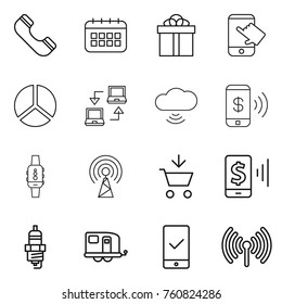 Thin line icon set : phone, calendar, gift, touch, diagram, notebook connect, cloud wireless, pay, smart watch, antenna, add to cart, mobile, spark plug, trailer, checking