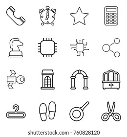 Thin line icon set : phone, alarm clock, star, calculator, chess horse, chip, molecule, satellite, building, arch, dresser, hanger, slippers, pan, scissors