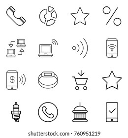 Thin line icon set : phone, circle diagram, star, percent, notebook connect, wireless, pay, smart bracelet, add to cart, spark plug, goverment house, mobile checking