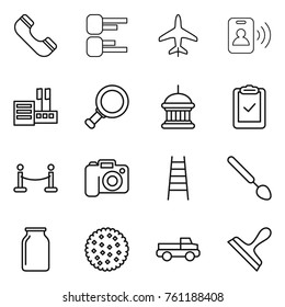 Thin line icon set : phone, diagram, plane, pass card, store, magnifier, goverment house, clipboard check, vip fence, camera, stairs, big spoon, bank, cookies, pickup, scraper