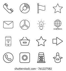 Thin line icon set : phone, circle diagram, flag, star, mail, bulb, globe connect, wireless, remove from basket, right arrow, ring button, grater, apron
