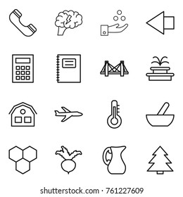 Thin line icon set : phone, brain, chemical industry, left arrow, calculator, copybook, bridge, fountain, house, plane, thermometer, mortar, honeycombs, beet, jug, spruce