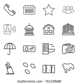 Thin line icon set : phone, calendar, star, group, pass card, goverment house, office, dry cargo, check in, hotel, camera, stands for knives, seeds, clean window, spot