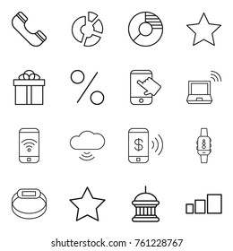 Thin line icon set : phone, circle diagram, star, gift, percent, touch, notebook wireless, cloud, pay, smart watch, bracelet, goverment house, sorting
