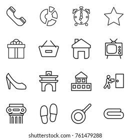 Thin line icon set : phone, circle diagram, alarm clock, star, gift, remove from basket, home, tv, shoes, arch, cottage, courier delivery, antique column, slippers, pan, towel