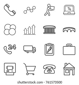 Thin line icon set : phone, graph, courier, notebook, atom core, up, airport building, bridge, 24, shipping, clipboard pen, suitcase, atm, cart, house