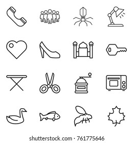 Thin line icon set : phone, team, virus, table lamp, heart, shoes, minaret, key, iron board, scissors, hand mill, grill oven, goose, fish, wasp, maple leaf