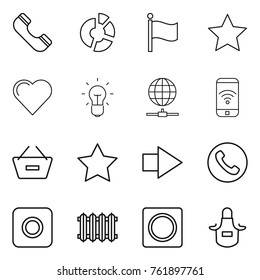 Thin line icon set : phone, circle diagram, flag, star, heart, bulb, globe connect, wireless, remove from basket, right arrow, ring button, radiator, apron