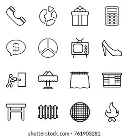 Thin line icon set : phone, circle diagram, gift, calculator, money message, tv, shoes, courier delivery, restaurant, curtain, wardrobe, stool, radiator, sieve, fire