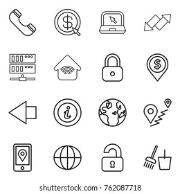 Thin line icon set : phone, dollar arrow, notebook, up down, server, wireless home, lock, pin, left, info, globe, route, mobile location, unlocked, bucket and broom