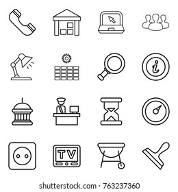 Thin line icon set : phone, warehouse, notebook, group, table lamp, sun power, magnifier, info, goverment house, customs control, sand clock, barometer, socket, tv, bbq, scraper