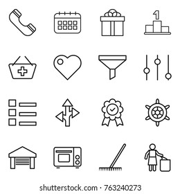 Thin line icon set : phone, calendar, gift, pedestal, add to basket, heart, funnel, equalizer, list, route, medal, handwheel, garage, grill oven, rake, garbage bin