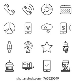 Thin line icon set : phone, call, circle diagram, calendar, wireless, cloude service, pay, smart watch, antenna, star, spark plug, goverment house, trailer, mobile checking, grater