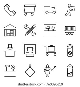 Thin line icon set : phone, delivery, truck, courier, warehouse, pencil wrench, tools, shipping, package, atm, baggage trolley, do not distrub, repair, rag, woman with duster, please clean