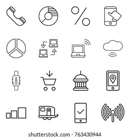Thin line icon set : phone, circle diagram, percent, touch, notebook connect, wireless, cloud, smart watch, add to cart, goverment house, mobile location, sorting, trailer, checking