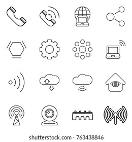 Thin line icon set : phone, call, notebook globe, molecule, hex, gear, round around, wireless, cloude service, cloud, home, antenna, web cam, bridge