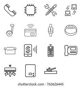Thin line icon set : phone, chip, pencil wrench, notebook connect, segway, tap to pay, smart watch, bracelet, electrostatic, mobile, remote control, intercome, air conditioning, kitchen scales