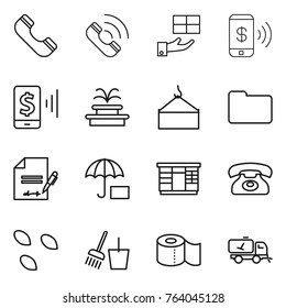 Thin line icon set : phone, call, gift, pay, mobile, fountain, loading crane, documents, inventory, insurance, wardrobe, seeds, bucket and broom, toilet paper, home cleaning