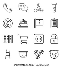 Thin line icon set : phone, discussion, spinner, vial, info, flower bed, important flag, clipboard, pallet, cart, power socket, unlocked, stairs, colander, coffee seeds, pig