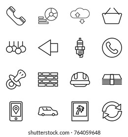 Thin line icon set : phone, diagram, cloude service, basket, sale, left arrow, spark plug, nipple, brick wall, building helmet, money, mobile location, car shipping, photo, reload
