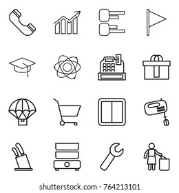 Thin line icon set : phone, diagram, flag, graduate hat, atom, cashbox, hi quality package, parachute delivery, cart, power switch, mixer, stands for knives, double boiler, wrench, garbage bin