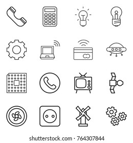 Thin line icon set : phone, calculator, bulb, gear, notebook wireless, tap to pay, ufo, cpu, tv, satellite, cooler fan, power socket, windmill, gears